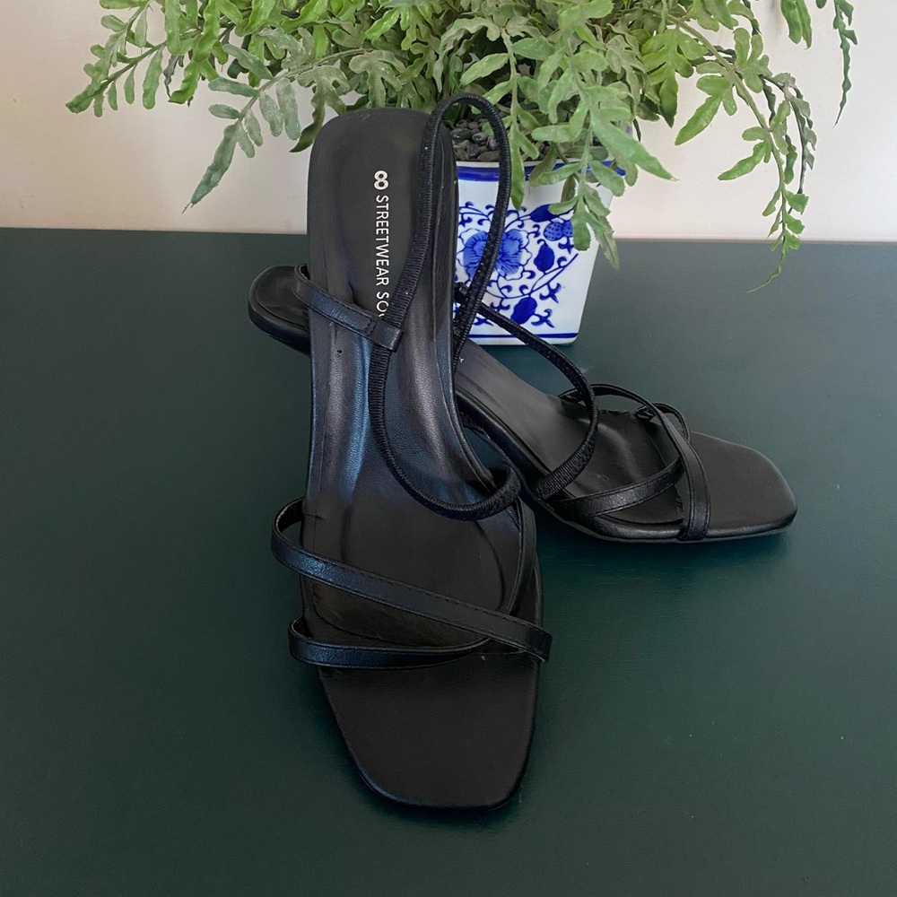 Y2K Black Strappy Heels Square Toe Slingback Sandals Size 8 Streetwear Society